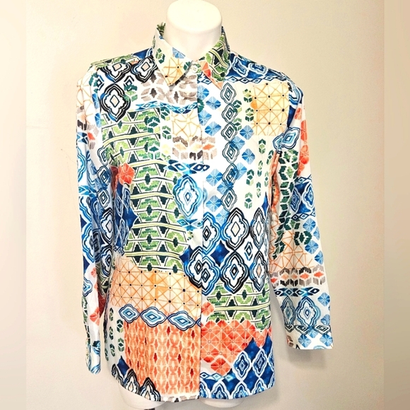 Chico's Colorful Geometric Print Button-Up Shirt EUC - Picture 2 of 7